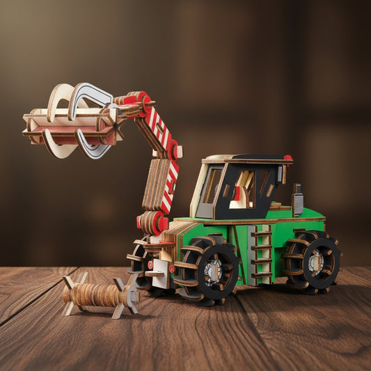 Puzzle 3D en bois d'un engin forestier avec châssis vert et cabine noire.