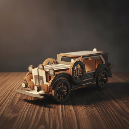 Puzzle 3D en bois représentant une Ford Berline vintage avec roues en bois et détails métalliques.