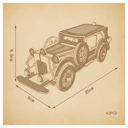 Puzzle 3D en bois représentant une Ford Berline vintage avec roues en bois et détails métalliques. - vue 2
