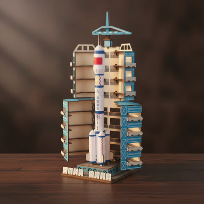 Puzzle 3D de fusée spatiale en bois avec détails réalistes.