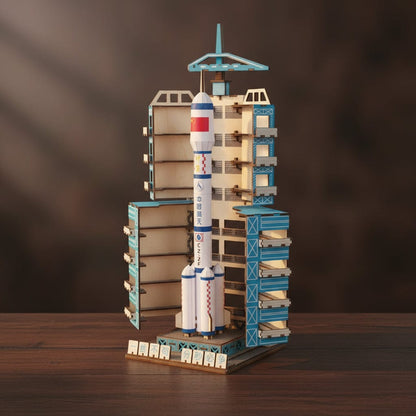Puzzle 3D de fusée spatiale en bois avec détails réalistes.