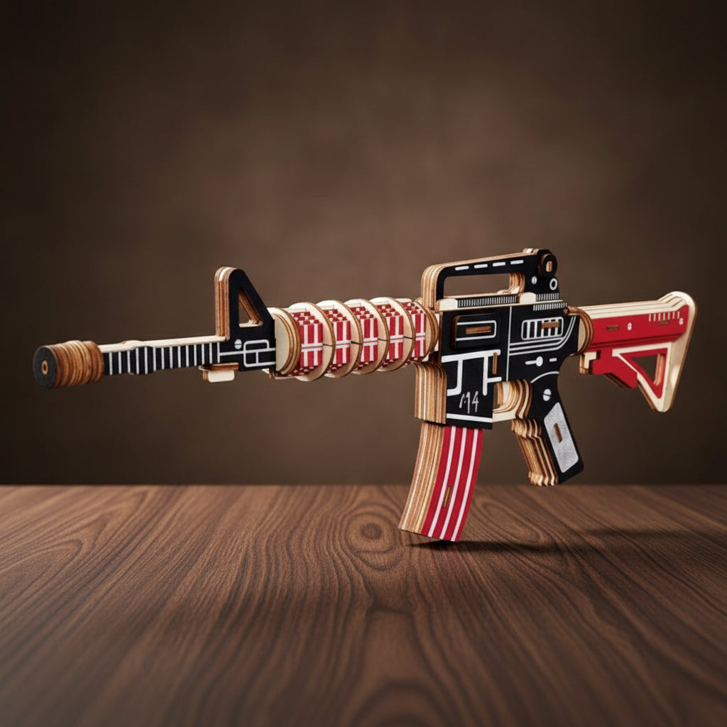 Puzzle 3D en bois de fusil M4 en noir, blanc, rouge et brun, 43x15x4.5 cm.