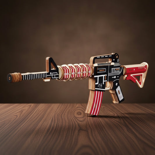 Puzzle 3D en bois de fusil M4 en noir, blanc, rouge et brun, 43x15x4.5 cm.