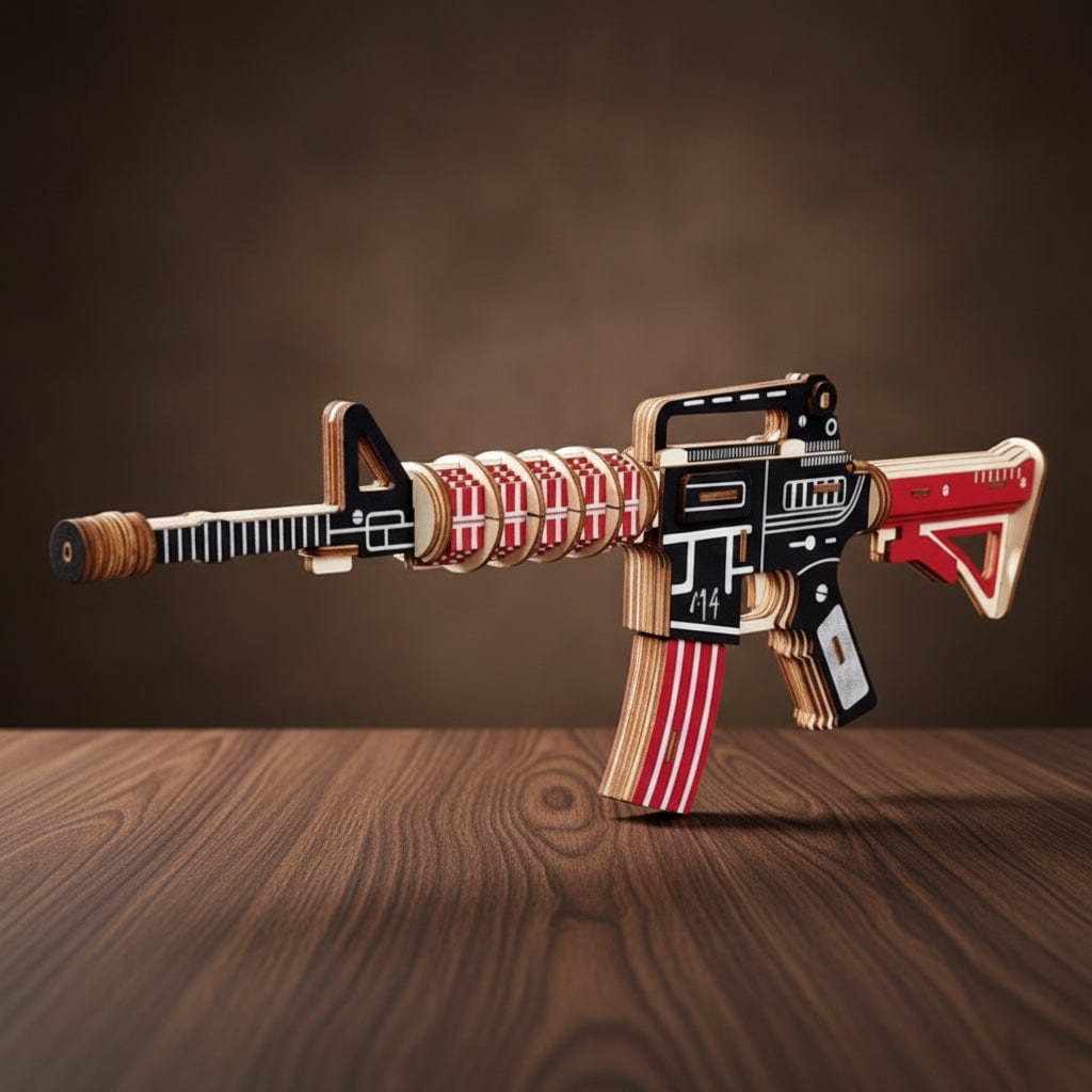 Puzzle 3D en bois de fusil M4 en noir, blanc, rouge et brun, 43x15x4.5 cm.