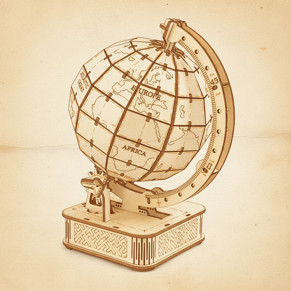 Globe terrestre en bois 3D avec détails géographiques - vue 2