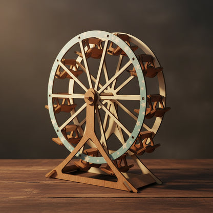 Puzzle 3D en bois représentant une grande roue beige et bleu étoilé.