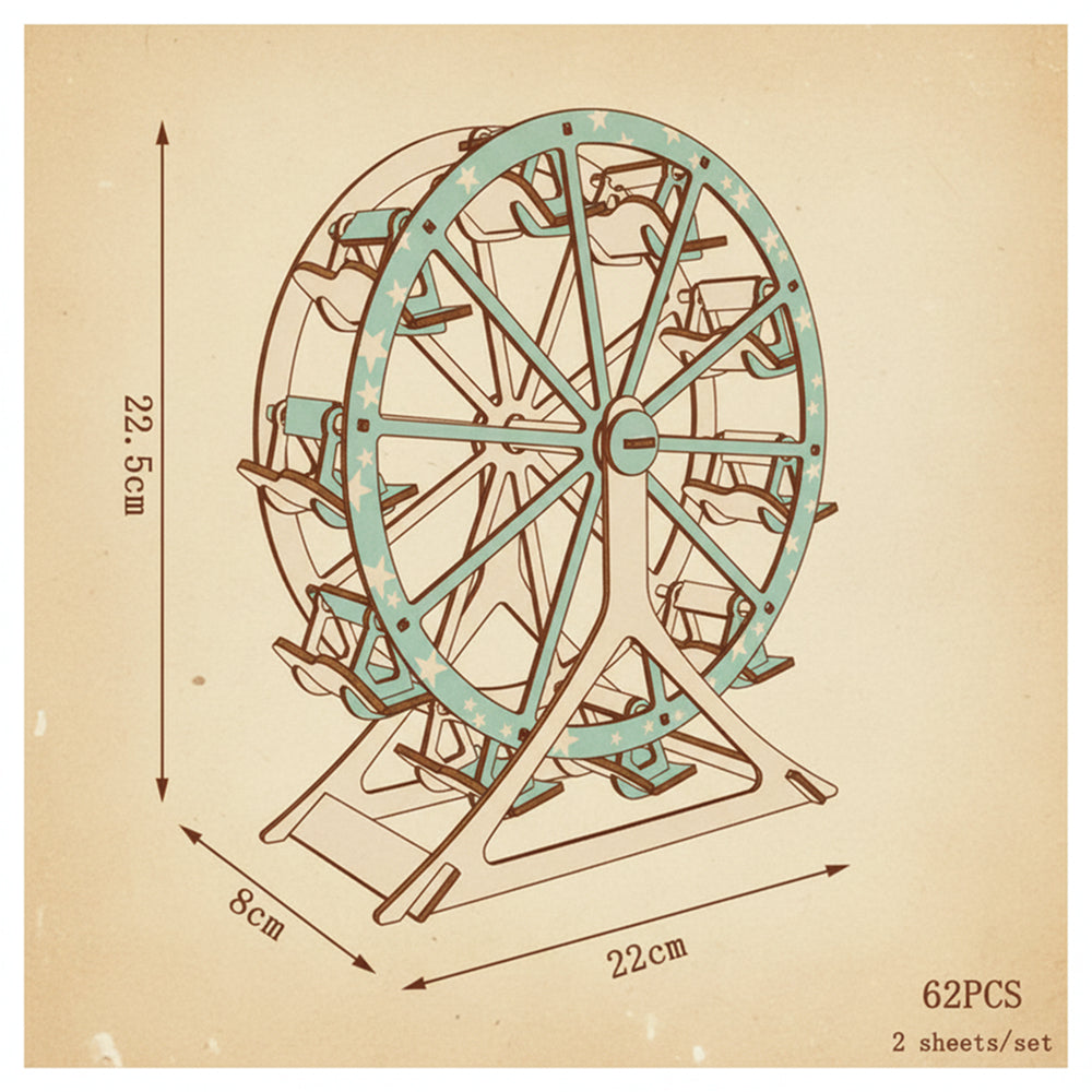 Puzzle 3D en bois représentant une grande roue beige et bleu étoilé. - vue 2
