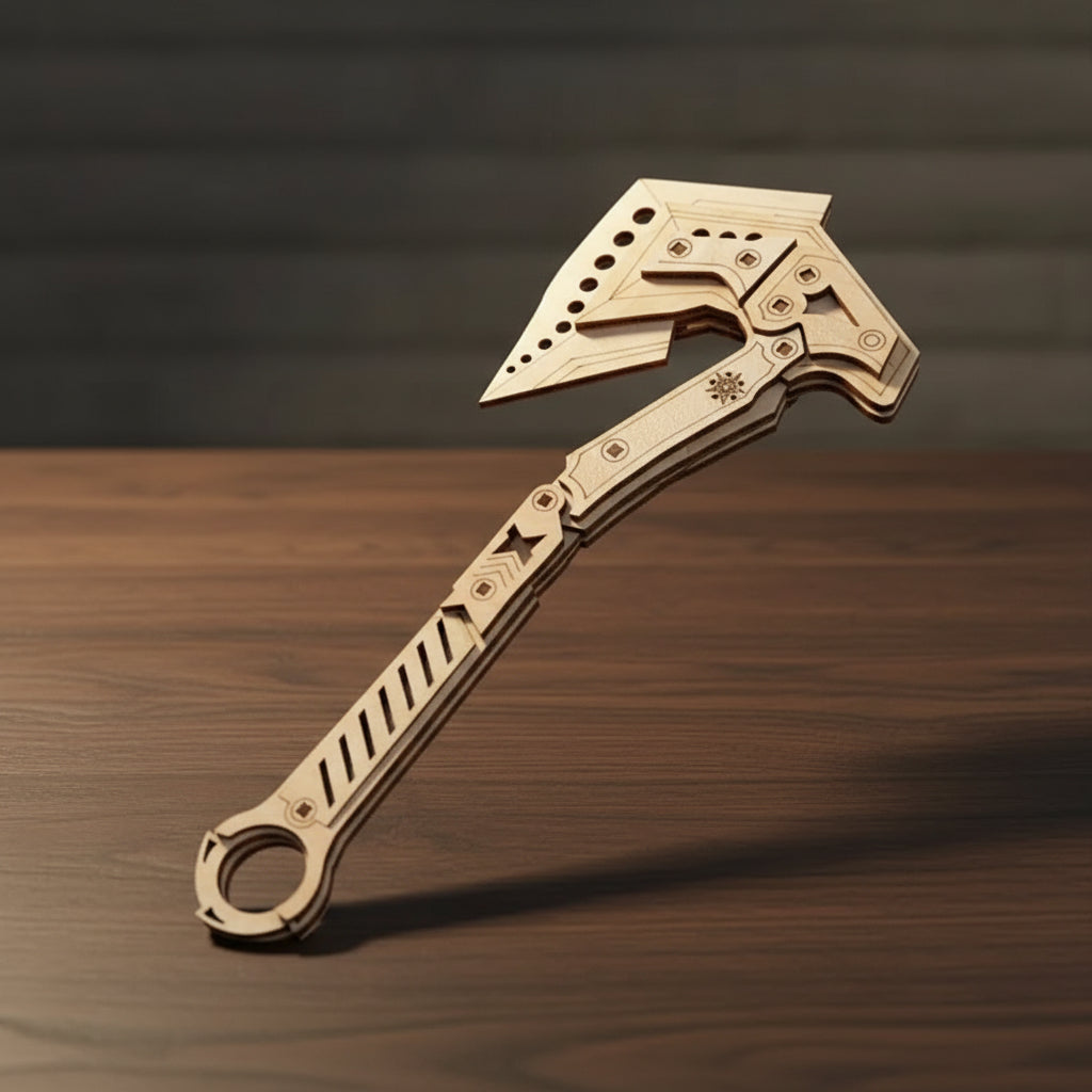 Hache 3D en bois ornée de motifs géométriques.