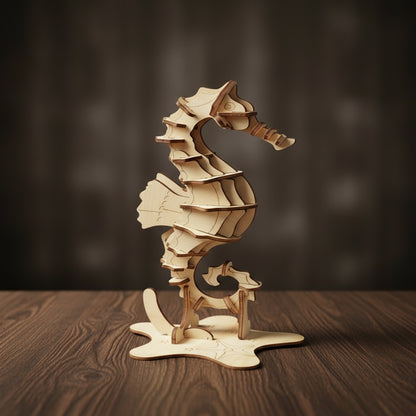 Puzzle 3D de l'Hippocampe en bois, assemblé.