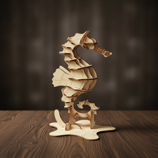 Puzzle 3D de l'Hippocampe en bois, assemblé.