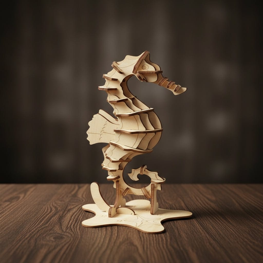 Puzzle 3D de l'Hippocampe en bois, assemblé.
