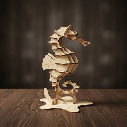 Puzzle 3D de l'Hippocampe en bois, assemblé.