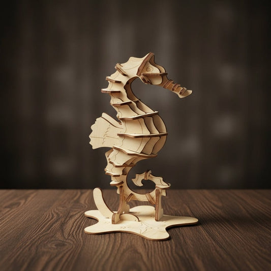 Puzzle 3D de l'Hippocampe en bois, assemblé.