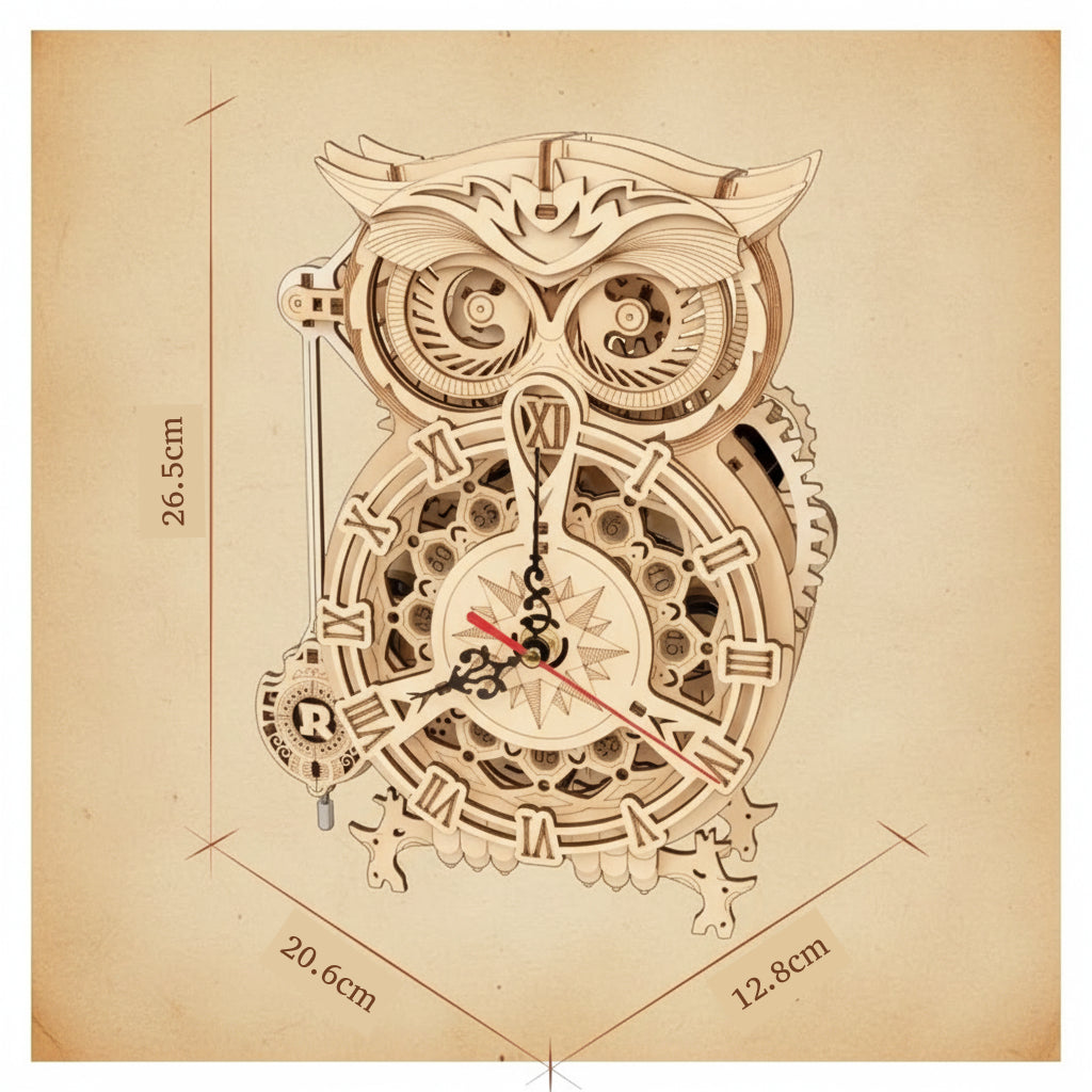 Puzzle 3D horloge hibou mécanique en bois avec engrenages apparents et chiffres romains. -vue 2