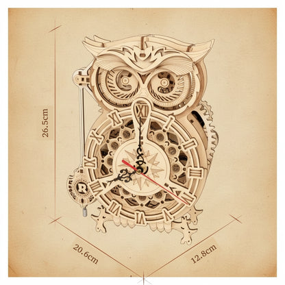 Puzzle 3D horloge hibou mécanique en bois avec engrenages apparents et chiffres romains. -vue 2