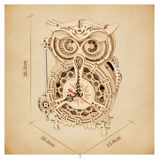 Puzzle 3D horloge hibou mécanique en bois avec engrenages apparents et chiffres romains. -vue 2
