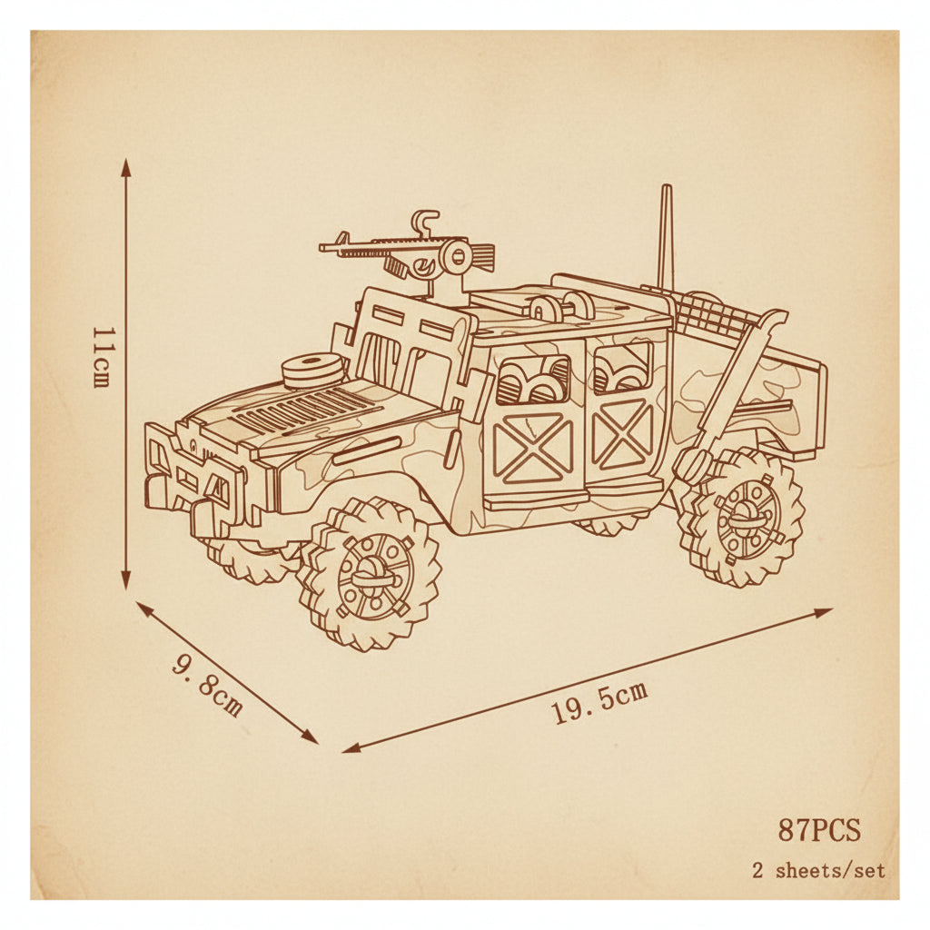 Puzzle 3D d'un Hummer militaire camouflé en bois - vue 2