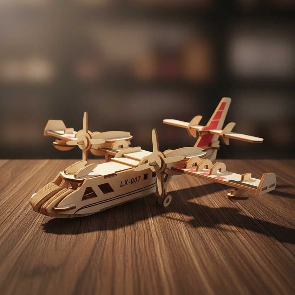 Puzzle 3D en bois d'avion détaillé beige et blanc avec accents rouges et noirs LX-007.