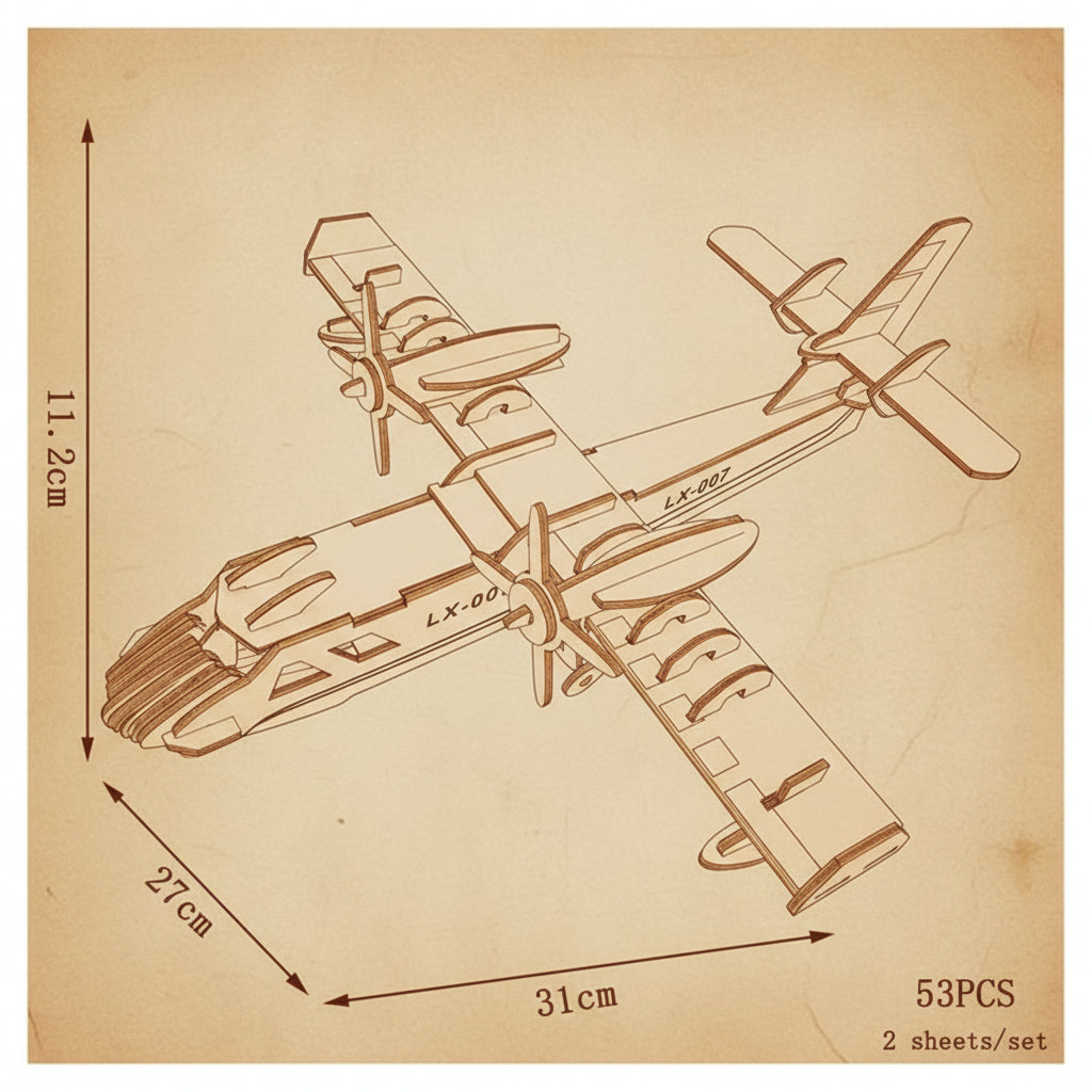 Puzzle 3D en bois d'avion détaillé beige et blanc avec accents rouges et noirs LX-007. - vue 2