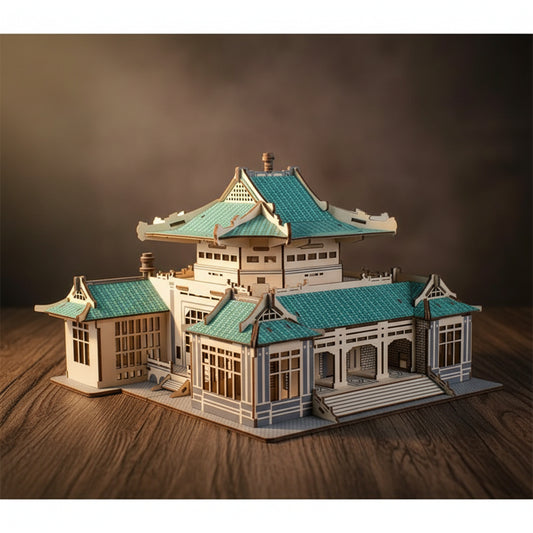 Puzzle 3D en bois représentant une librairie chinoise traditionnelle avec toits verts et fenêtres...