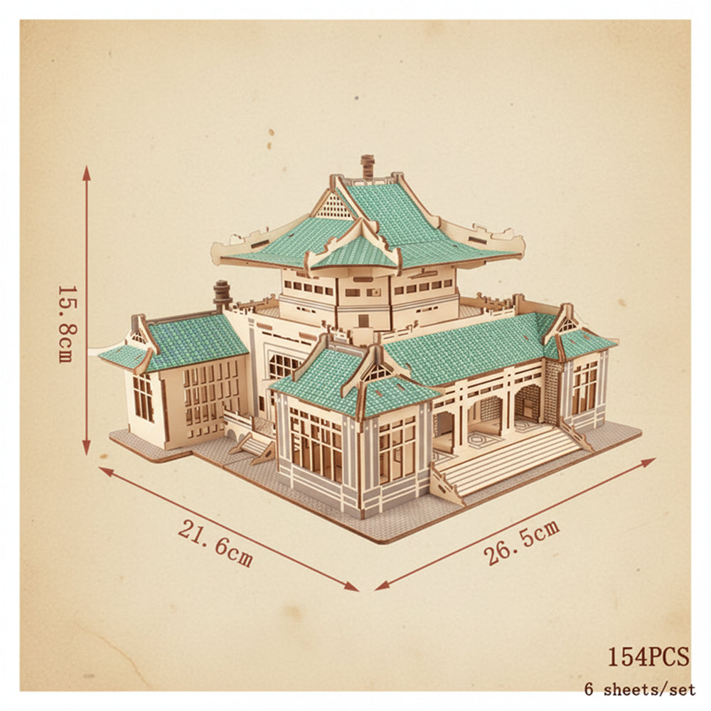 Puzzle 3D en bois représentant une librairie chinoise traditionnelle avec toits verts et fenêtres... - vue 2