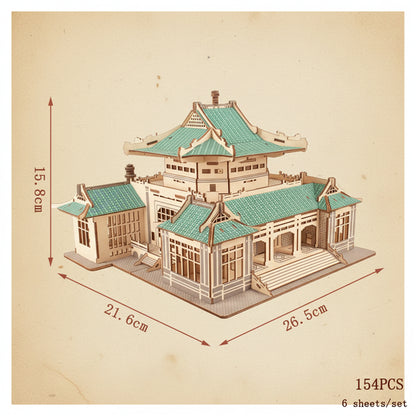 Puzzle 3D en bois représentant une librairie chinoise traditionnelle avec toits verts et fenêtres... - vue 2