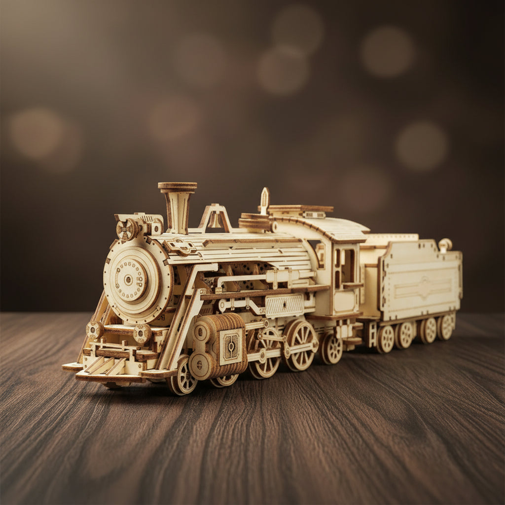Puzzle 3D en bois de locomotive avec tender et cheminée.
