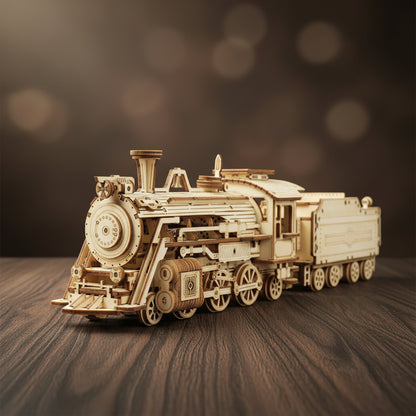 Puzzle 3D en bois de locomotive avec tender et cheminée.