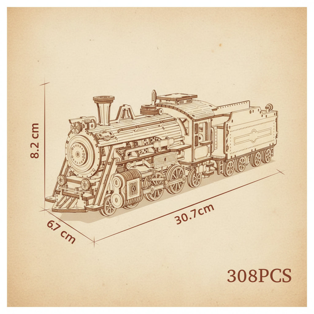 Puzzle 3D en bois de locomotive avec tender et cheminée. - vue 2