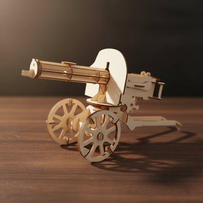 Puzzle 3D en bois représentant une machine de guerre sur un chariot à roues ornées.