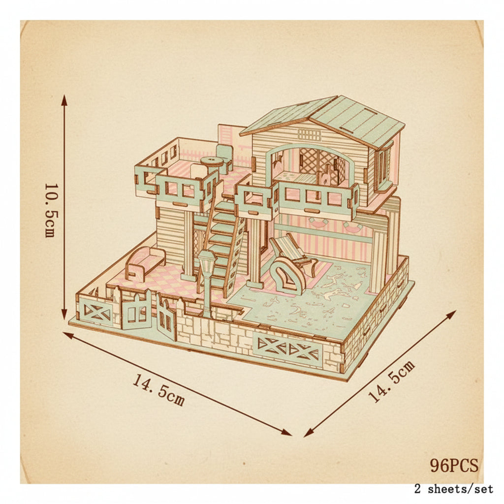 Puzzle 3D de maison balinaise avec toit et fenêtres bleus, palmiers et plage. - vue 2
