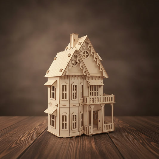 Puzzle 3D en bois d'une maison gothique détaillée.