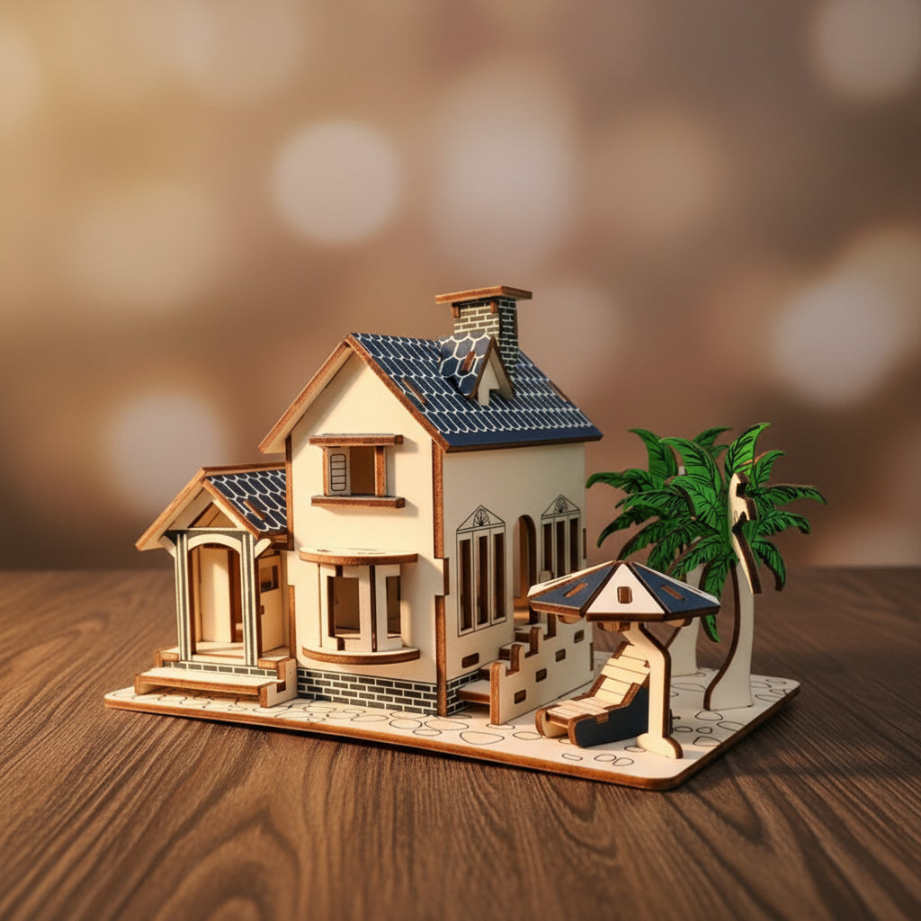 Puzzle 3D d'une maison de plage moderne en bois avec toit bleu et palmiers.