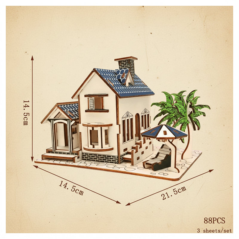 Puzzle 3D d'une maison de plage moderne en bois avec toit bleu et palmiers. - vue 2