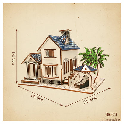 Puzzle 3D d'une maison de plage moderne en bois avec toit bleu et palmiers. - vue 2