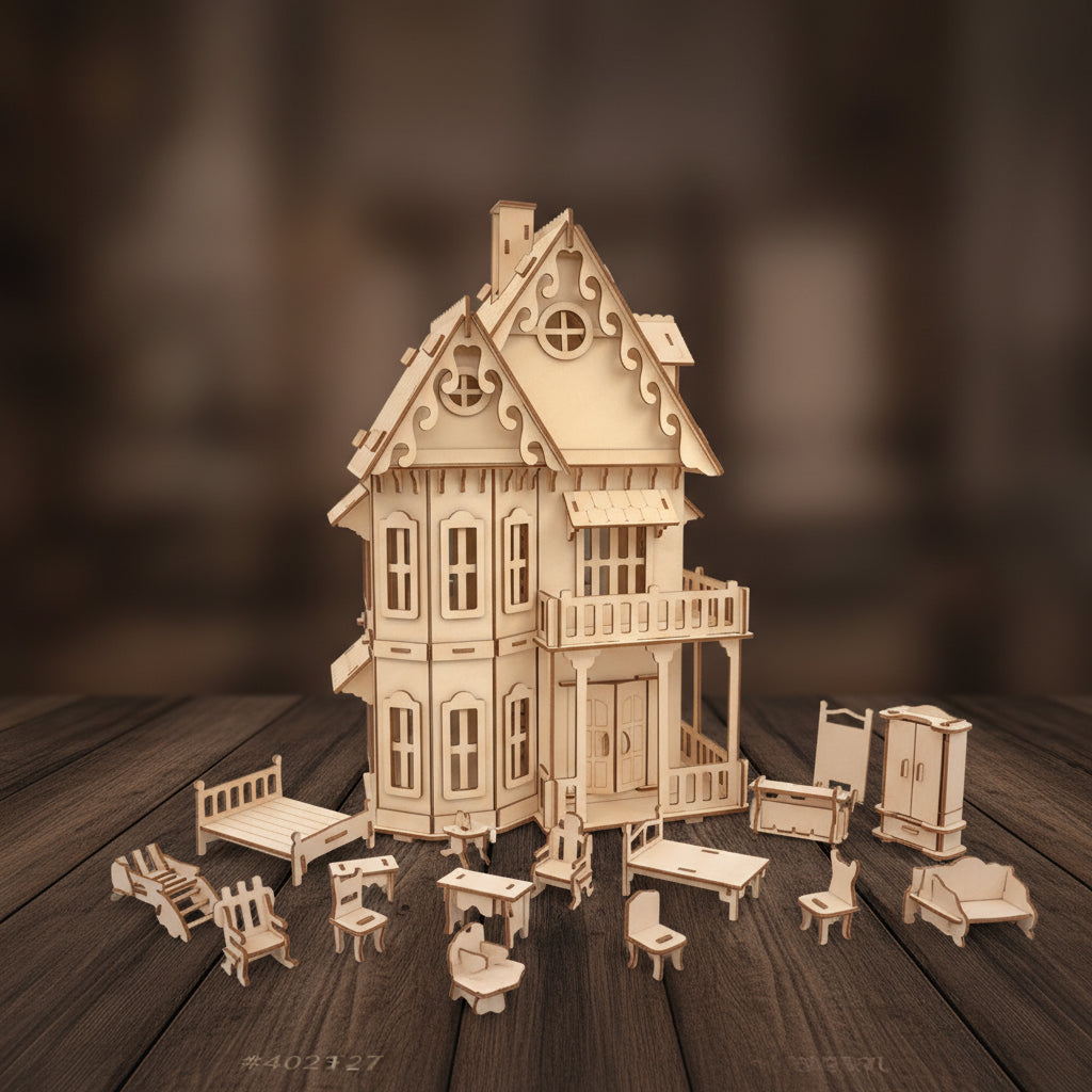 Puzzle 3D en bois d'une maison de poupée antique avec détails architecturaux.