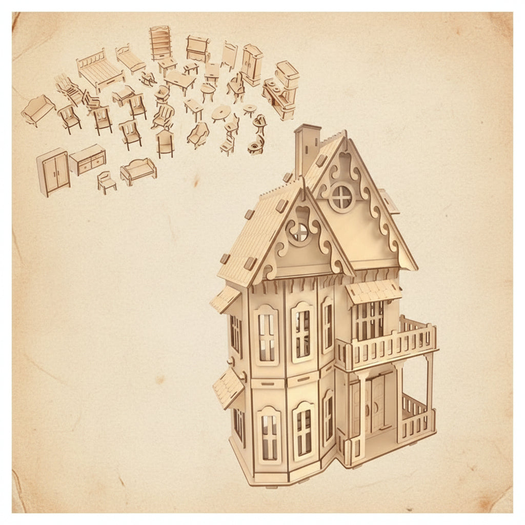 Puzzle 3D en bois d'une maison de poupée antique avec détails architecturaux. - vue 2