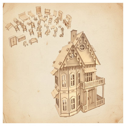 Puzzle 3D en bois d'une maison de poupée antique avec détails architecturaux. - vue 2