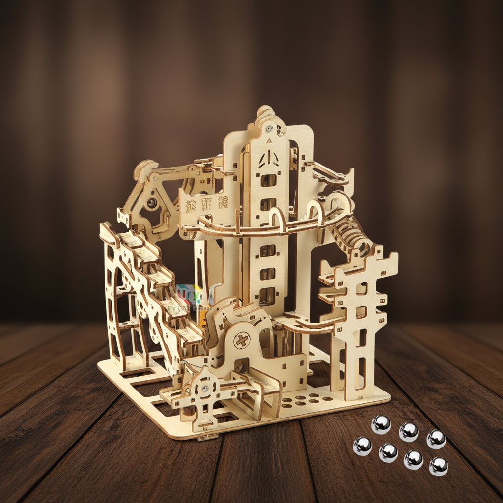 Puzzle 3D en bois d'un circuit de billes complexe avec rampes et engrenages, billes incluses.