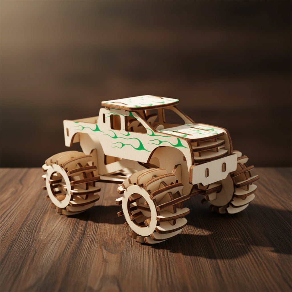 Puzzle 3D de monster truck en bois avec flammes vertes et roues détaillées.