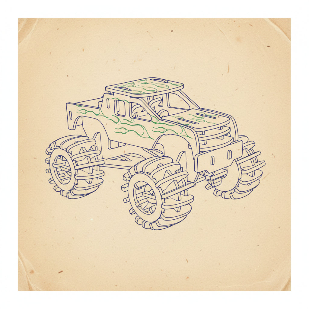 Puzzle 3D de monster truck en bois avec flammes vertes et roues détaillées. - vue 2