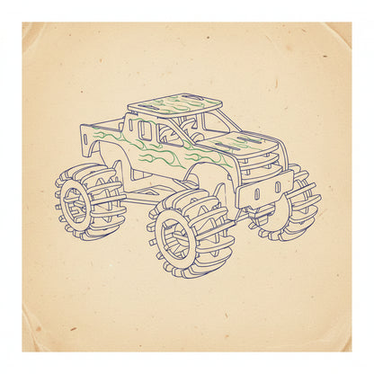 Puzzle 3D de monster truck en bois avec flammes vertes et roues détaillées. - vue 2