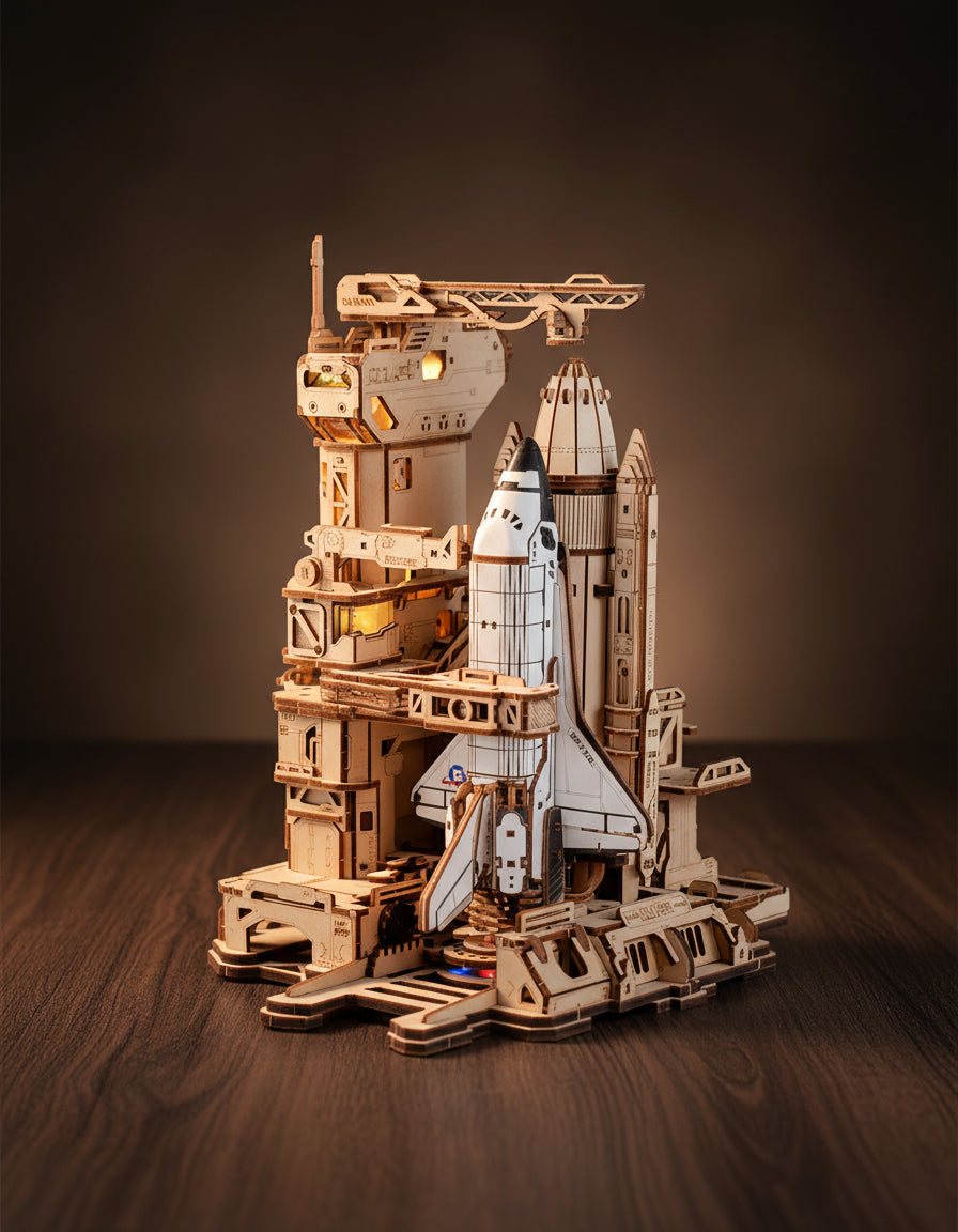 Modèle 3D de navette spatiale sur son lanceur en bois avec détails techniques et rampes d'accès. - vue 3
