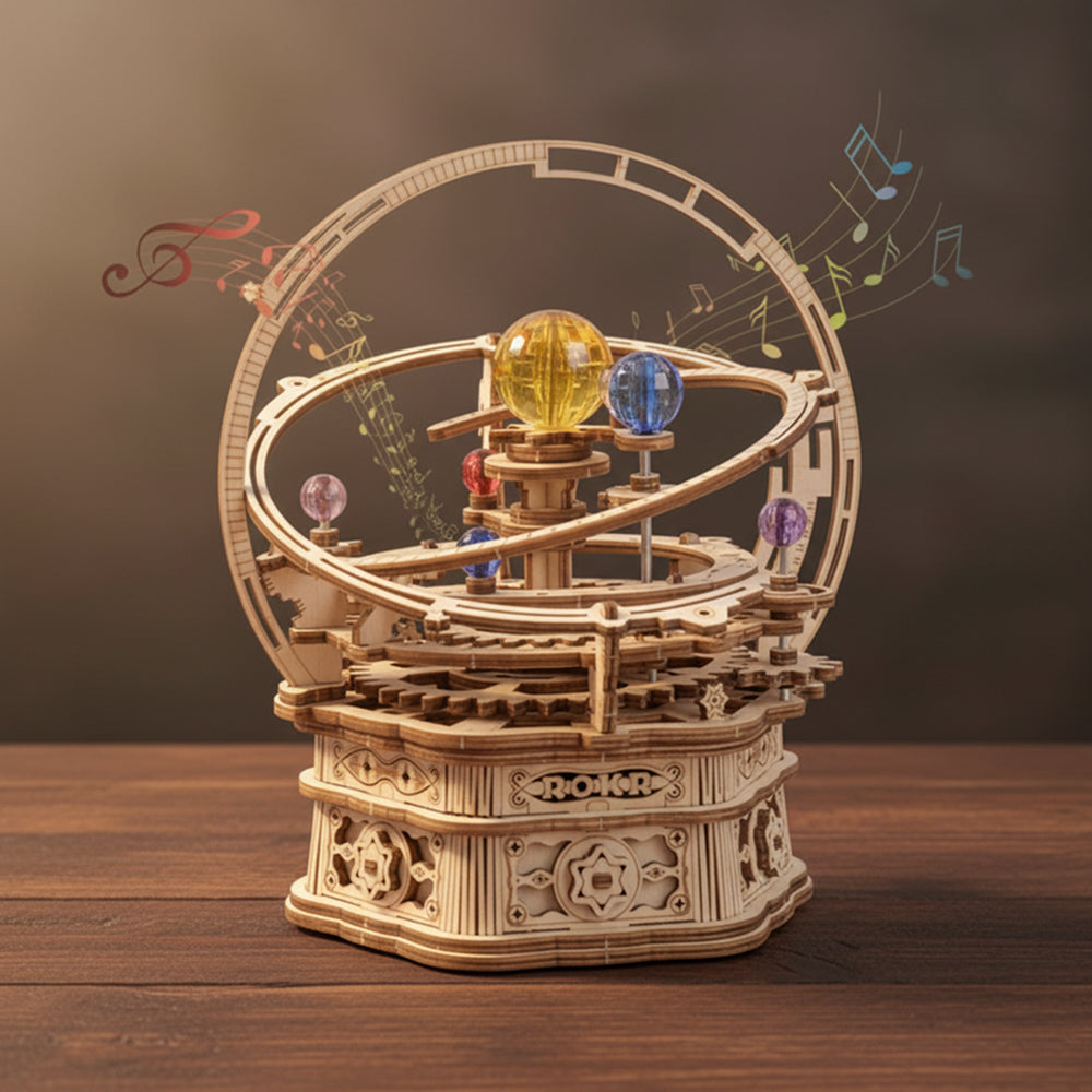 Puzzle 3D bois représentant le système solaire avec planètes colorées. - vue 3