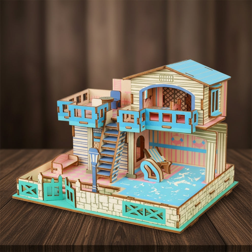 Puzzle 3D d'une maison moderne à deux étages en bois