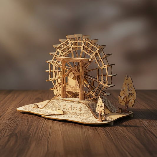 Puzzle 3D en bois de moulin à eau de Lanzhou avec base d'arbres et étiquette chinoise.