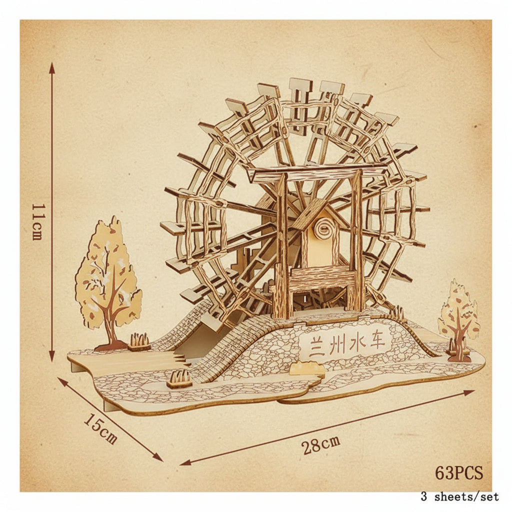Puzzle 3D en bois de moulin à eau de Lanzhou avec base d'arbres et étiquette chinoise. - vue 2