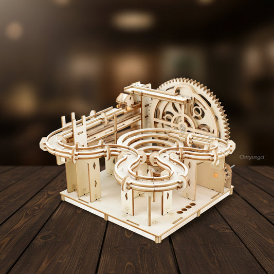 Puzzle 3D en bois représentant un parcours de billes complexe