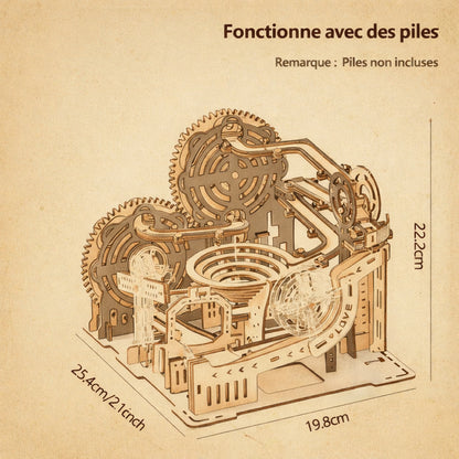Puzzle 3D en bois avec éléments métalliques, parcours de billes complexe - vue 2