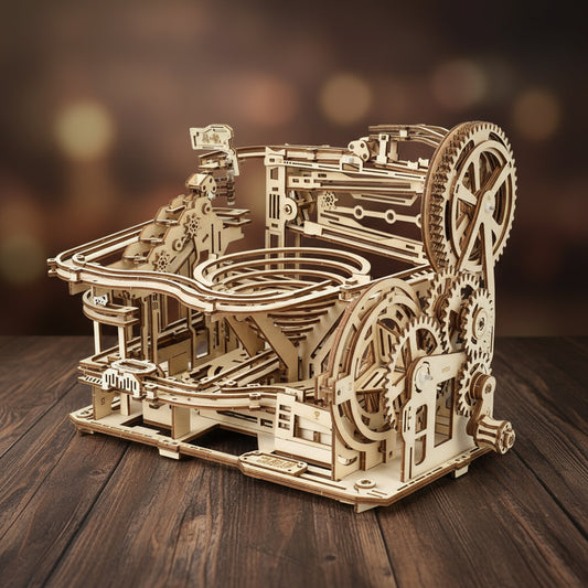 Puzzle 3D en bois représentant un parcours de billes complexe